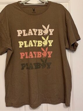PLAYBOY Brown Short Sleeve Tee with Multicolor Stacked Logos